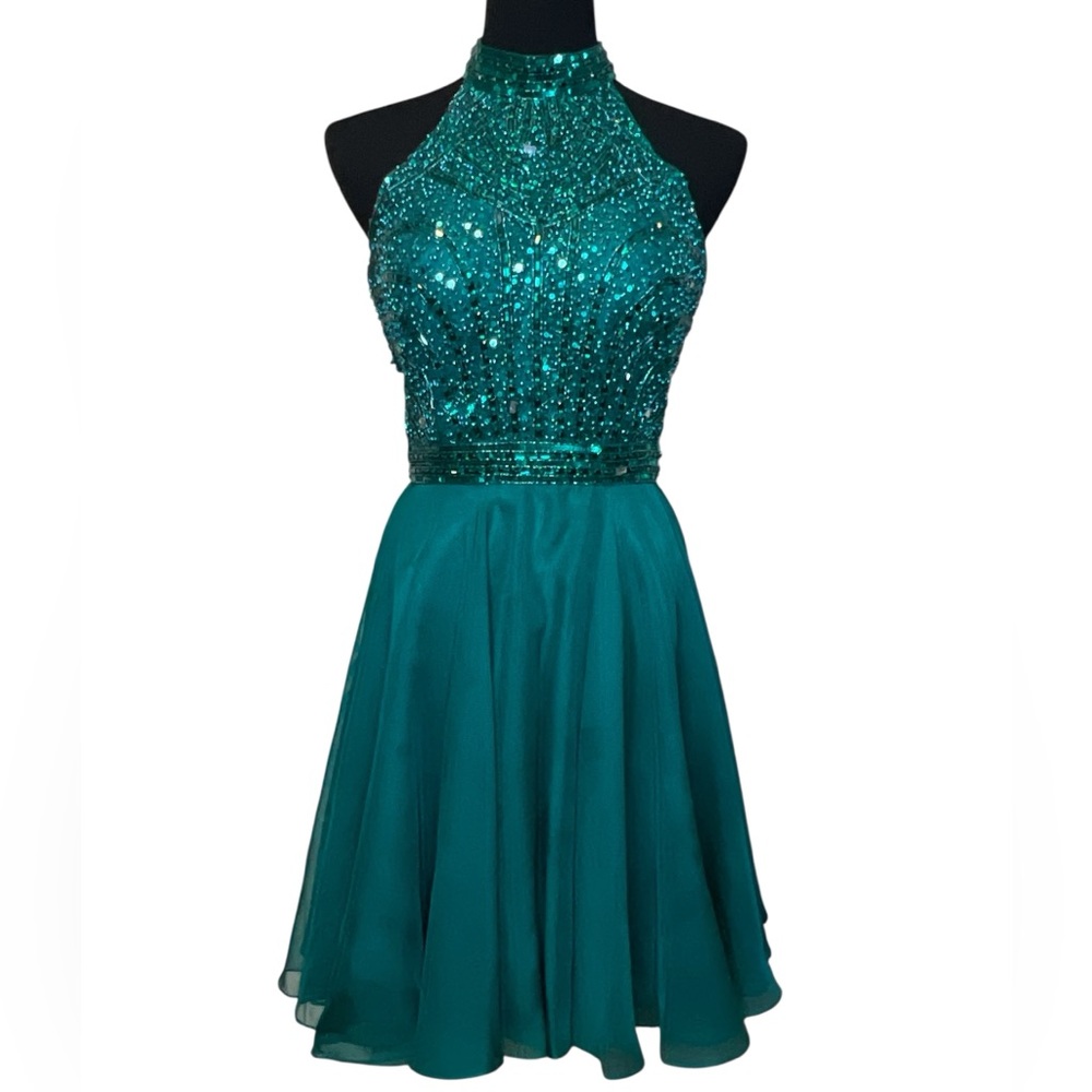 Sherri Hill Teal Emerald Green Beaded Prom Dress
